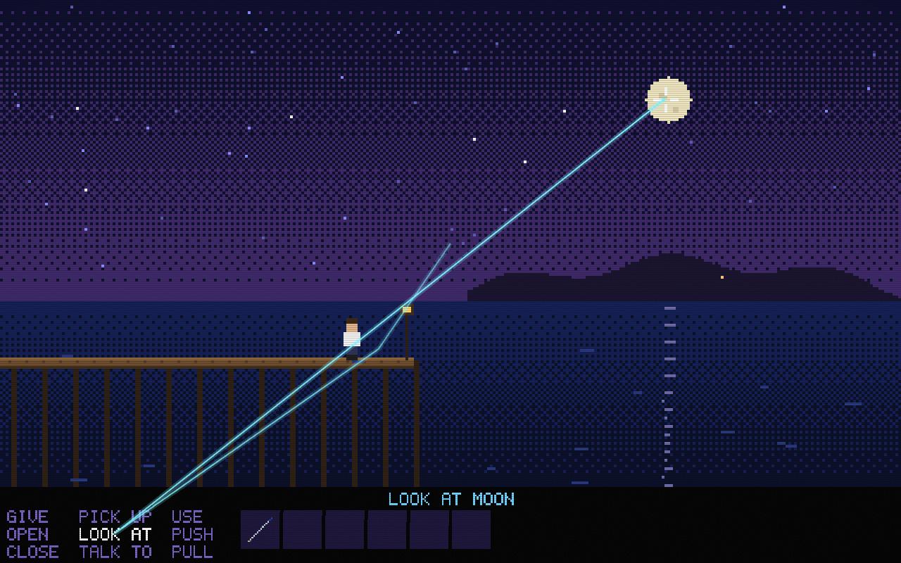 A pixel-art night: a boy on a wooden dock under the moon, with a verb bar below reading LOOK AT MOON. The ballpoint pen sits in the inventory.