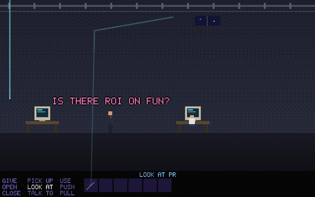 A pixel-art basement office. A man in a suit asks: IS THERE ROI ON FUN?