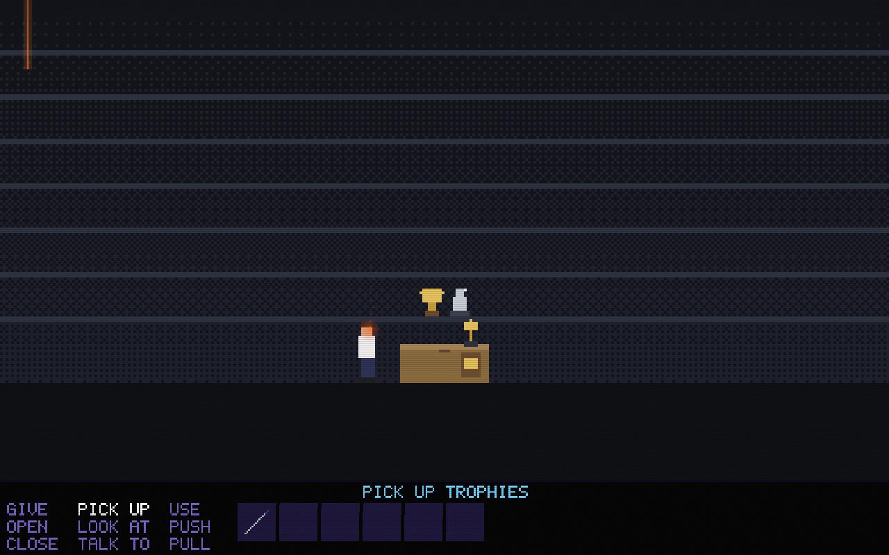 Pixel art: Brooks beside a cardboard box in sub-storage; old trophies rise out of it.