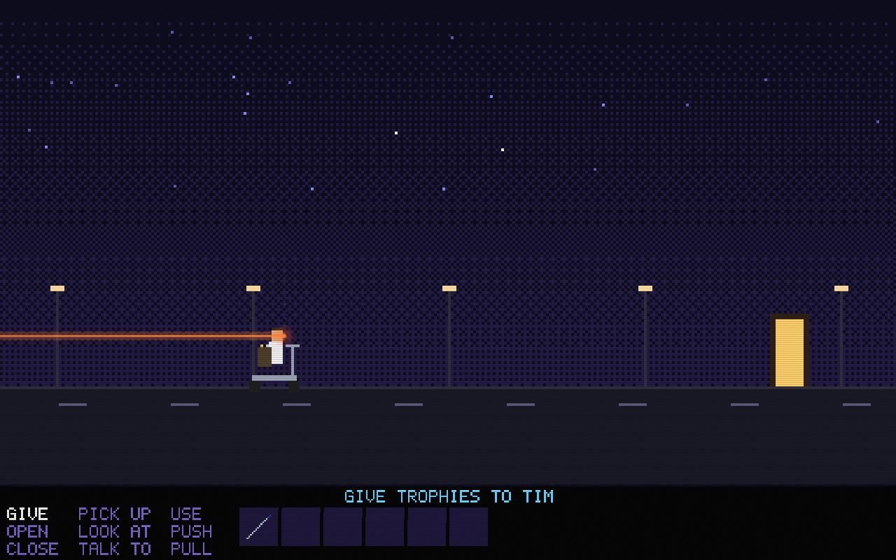 Pixel art: Brooks rides a scooter down a night street with a bag of trophies toward a lit door. Verb bar: GIVE TROPHIES TO TIM.