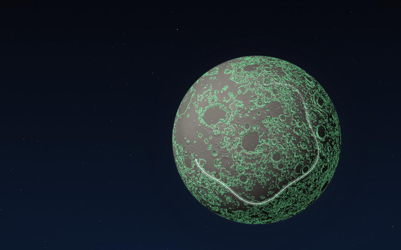 Green contour lines of the Moon’s real elevation sweep across its face. Who mapped our Moon? JPL? Find them. Call them.