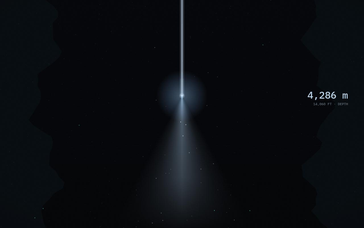 A light sinks through dark water between trench walls; marine snow drifts upward; a depth readout climbs.