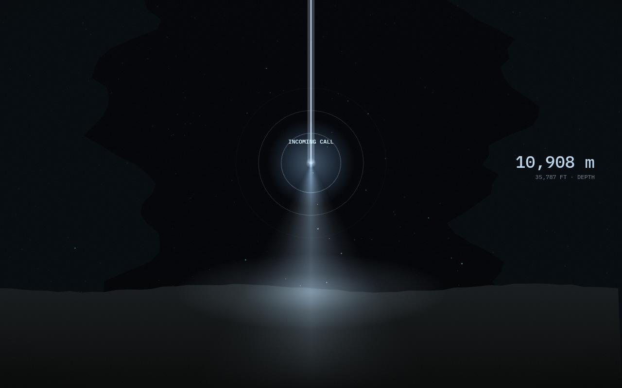 The light rests on the seafloor at 10,908 metres. Rings pulse around it: INCOMING CALL.