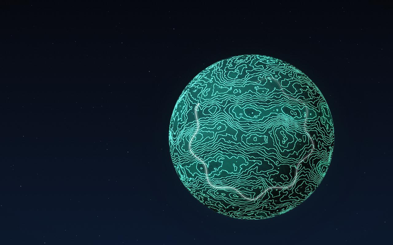 The contours morph into a fictional moon, teal and glowing.