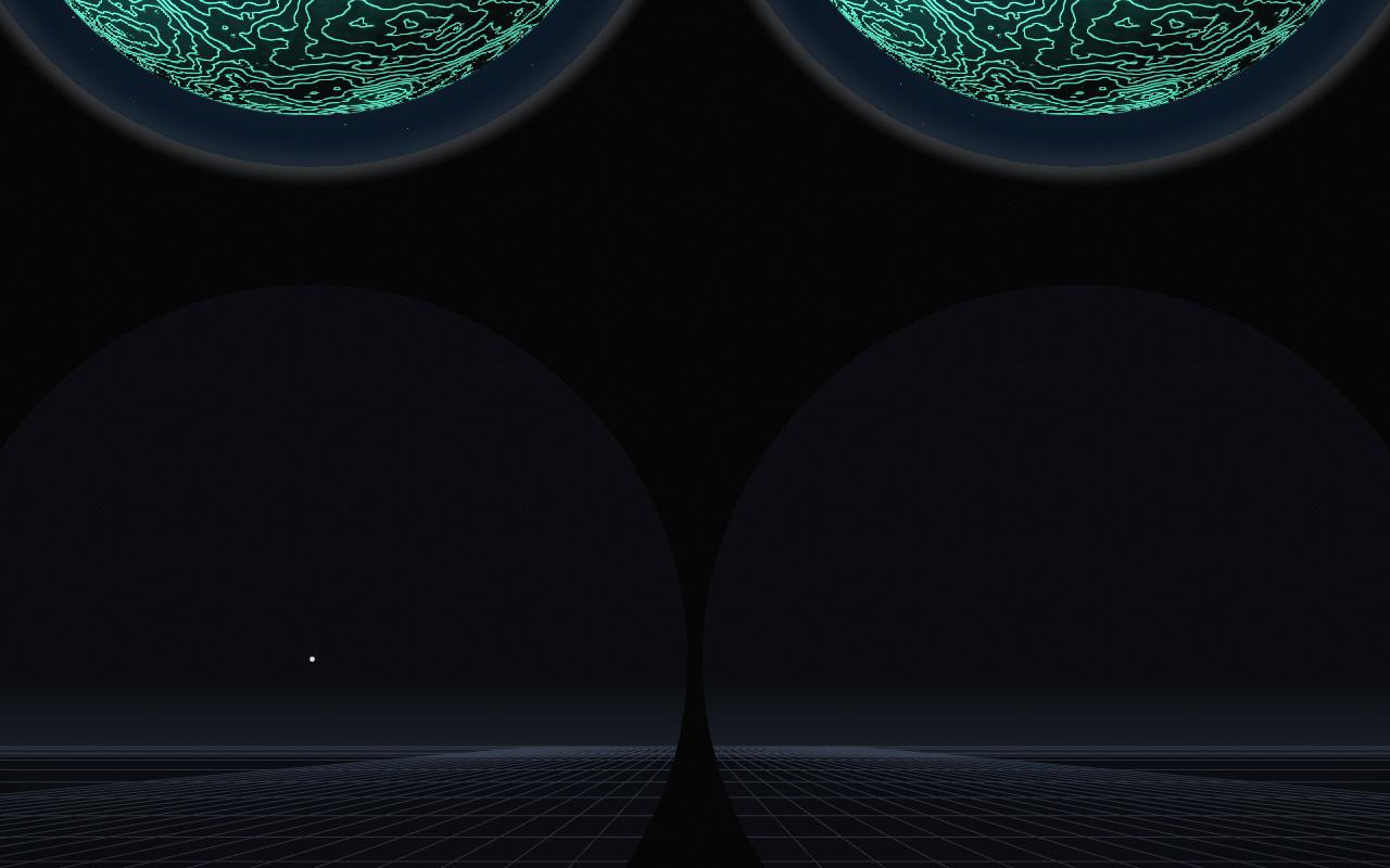 Inside a headset: two round lens views of a wireframe horizon.