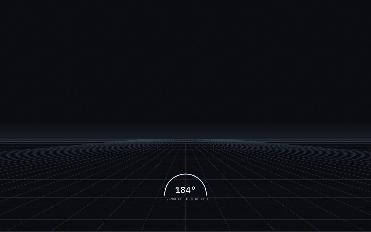 The view widens to fill the screen. A gauge reads the horizontal field of view climbing toward 210 degrees.