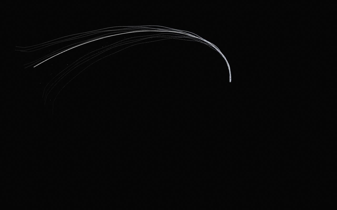 The thread arcs across the black and comes apart behind itself: strands peel away, sag, turn grey and shed dust, leaving one grey hairline headed down the right side.