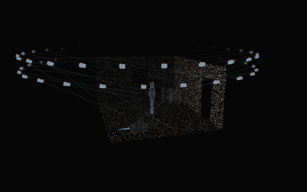 Fifty-six tracking cameras on a ring, each with a small red light that stays on once its ray has fired; the rays resolve a point-cloud courtyard with cracked stucco walls, barrels, a tire, and one participant in a headset.