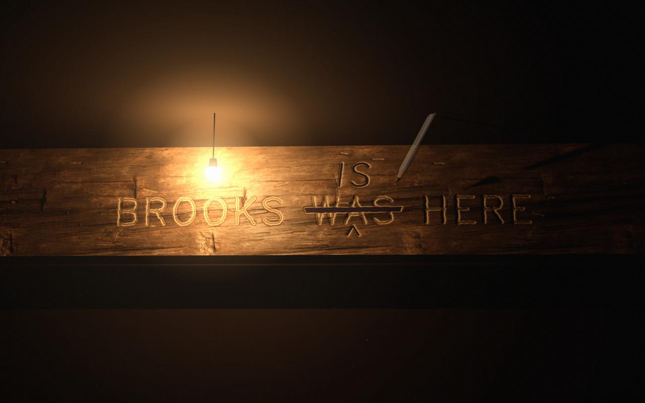 The correction finished: WAS struck through, a proofreader’s caret beneath it, and IS written above in ink. BROOKS IS HERE.