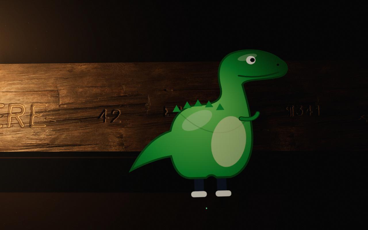 Back in the room with the beam: the dinosaur floats up and bumps against the ceiling beside the carvings.