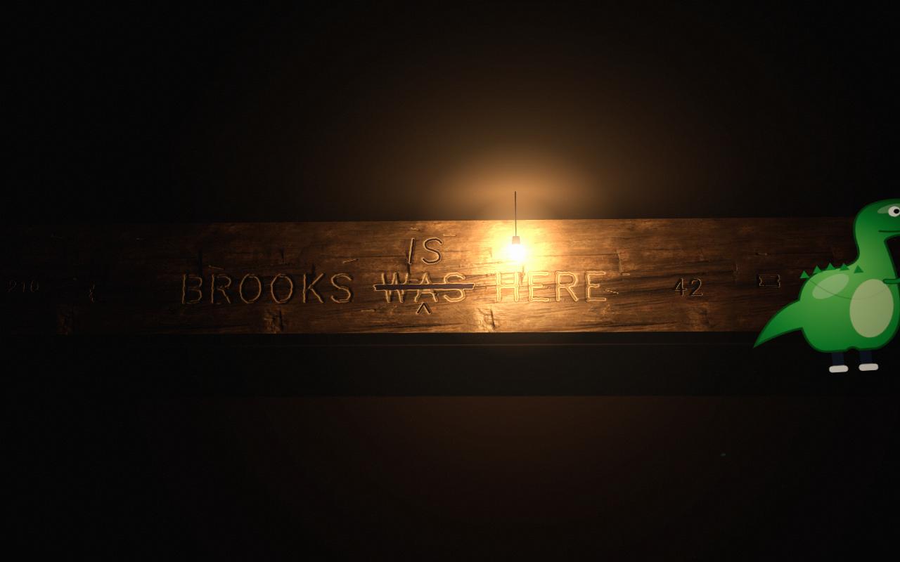 The whole beam: BROOKS IS HERE, with a small inked mark from every act carved along it, and the dinosaur at the end.
